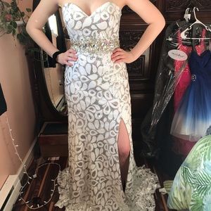Formal tight fit white dress with sequins and gems